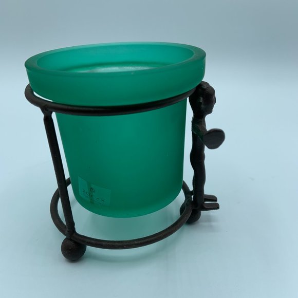 Metal Figure Candle Holder and Green Glass Insert - 2 pieces - Picture 2 of 5